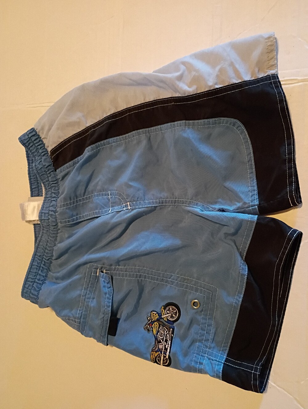 Harley-Davidson Light Blue and Black Swim Trunks with Motorcycle Patch Sz 6